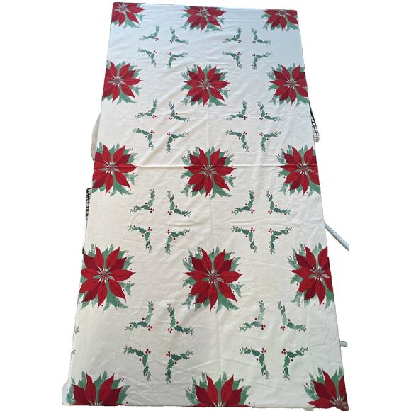 Vtg Christmas Red Poinsettia Holly Tablecloth 84x51” Rectangular Fabric FLAWS - Picture 2 of 16